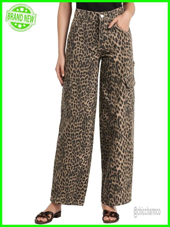 Denim - Women's Leopard Print Baggy Cargo Jeans Y2K Straight Leg Pants with Pockets